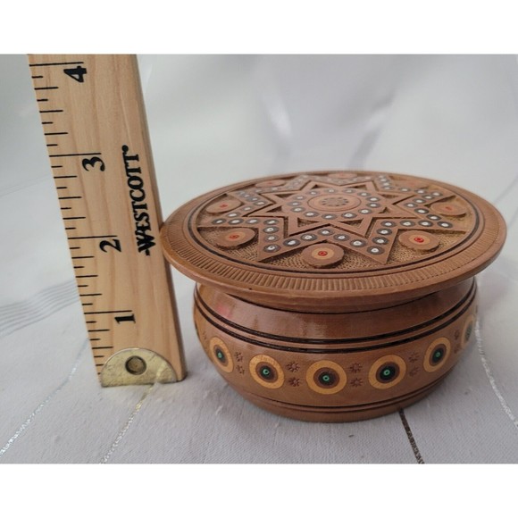 Decorative Handcrafted Carved Wooden Box w/ Inlaid Beads & Wood‎ Gorgeous! - Picture 10 of 10
